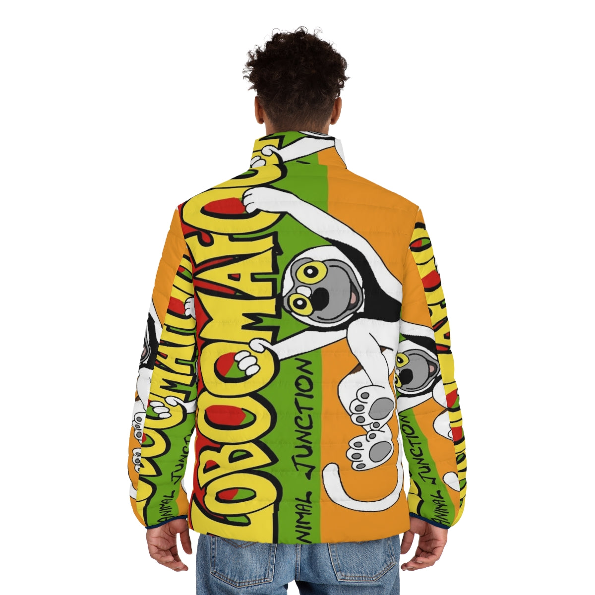 Zoboomafoo-inspired puffer jacket featuring a lemur design - men back