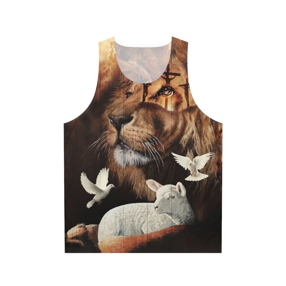 Unisex Christian tank top with the Lion of Judah and the Lamb of God