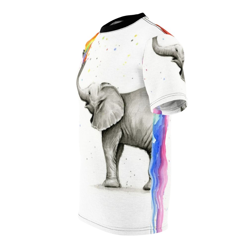 Whimsical illustration of a cute baby elephant spraying a colorful rainbow from its trunk - men left