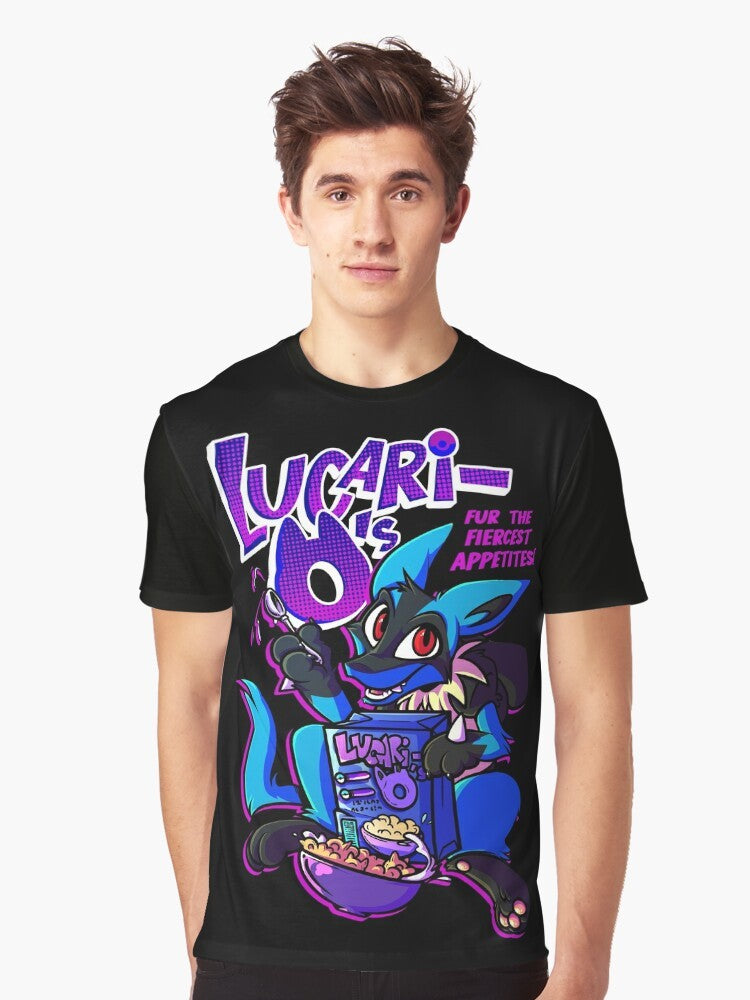 Graphic t-shirt featuring a cartoon wolf character and a Lucari-O's cereal box design in a vaporwave/comic style. - Men