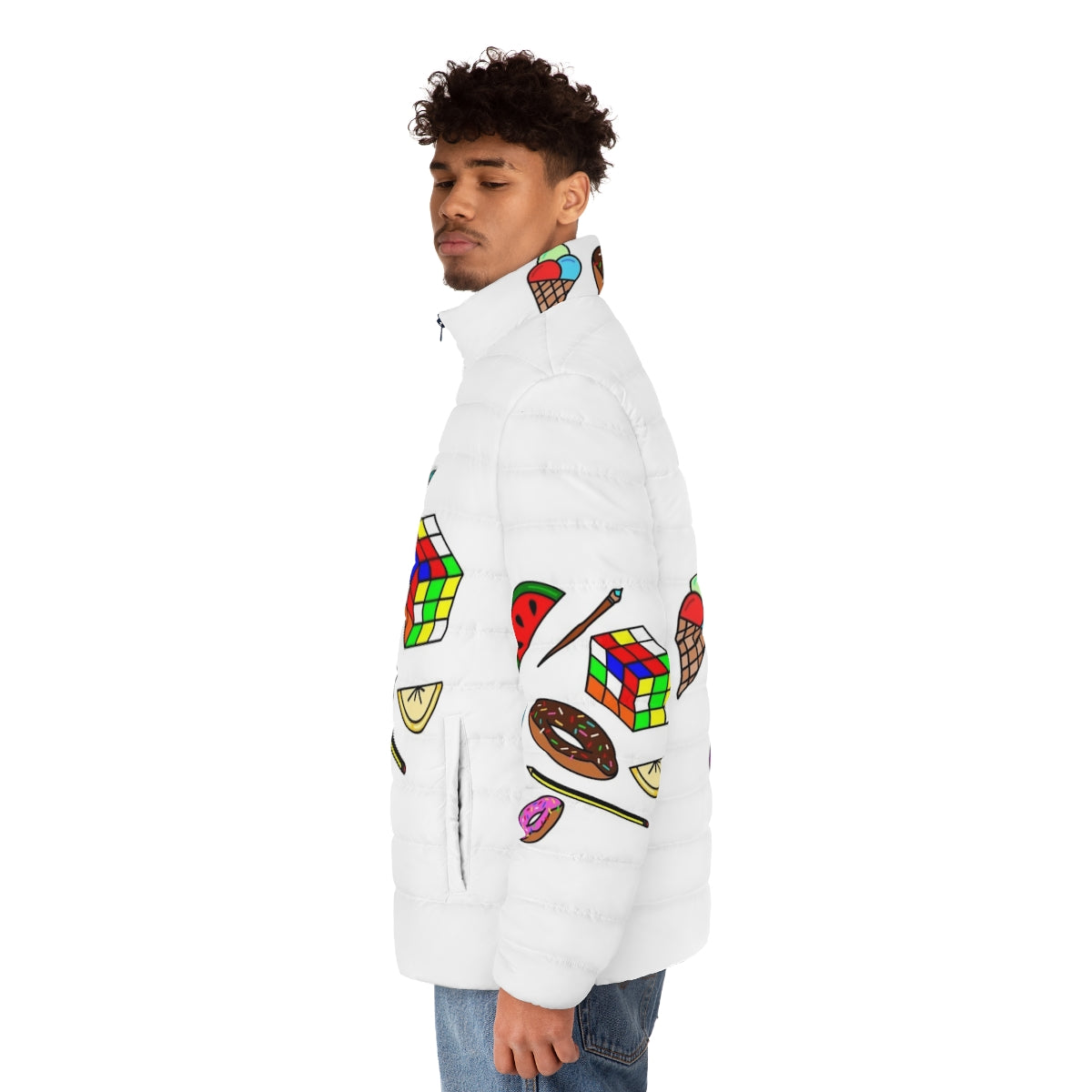 Colorful puffer jacket with hobbies and food designs for kids - men side left