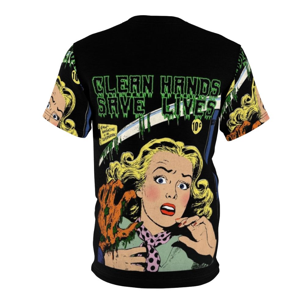 Vintage-style horror illustration of a hand with the text "Green Clean Hand Saves Lives" on a t-shirt - Back