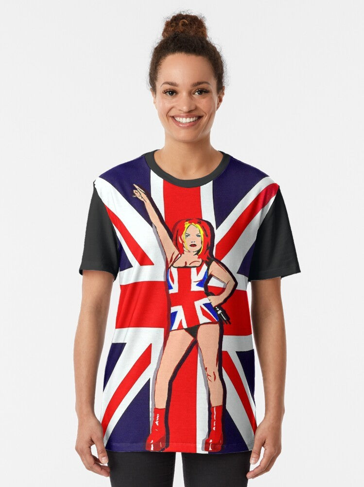 Union Jack graphic t-shirt featuring a retro pop art design inspired by 90s British music and pop culture. - Women