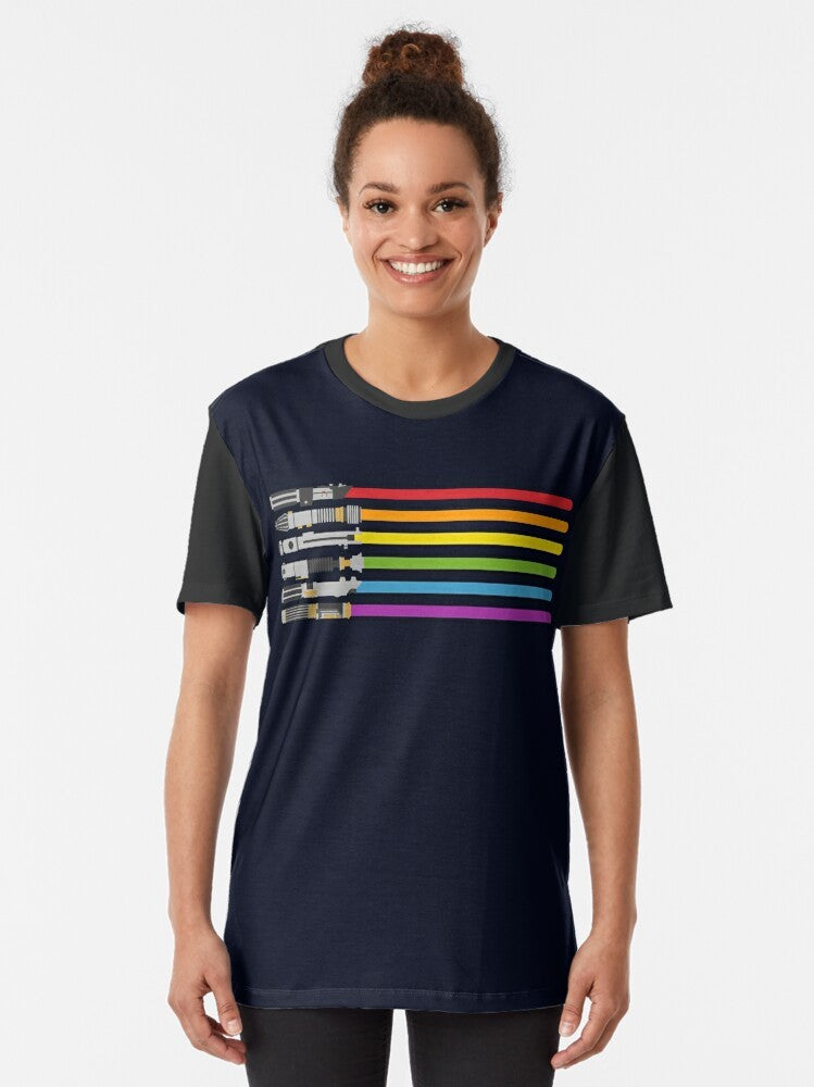 A vibrant graphic t-shirt featuring a rainbow of lightsabers from the Star Wars universe, representing LGBTQ+ pride. - Women