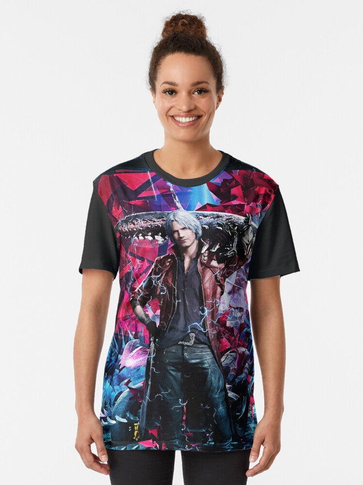 Dante from the video game Devil May Cry V featured on an abstract, colorful graphic t-shirt - Women