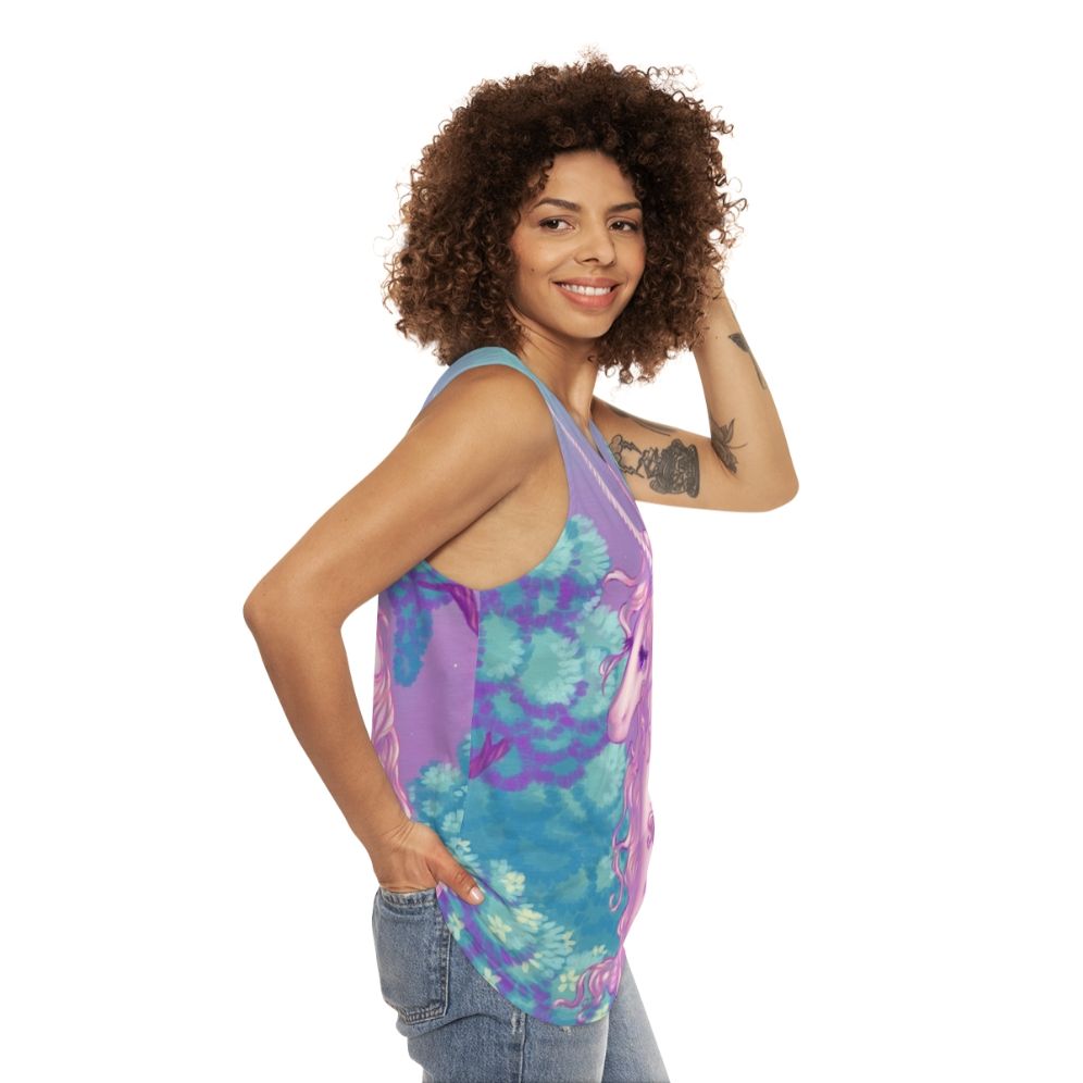 Unisex tank top featuring a glowing unicorn design in a forest setting from the classic 80s fantasy movie 'The Last Unicorn' - women side