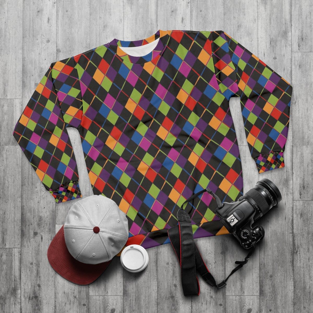 Retro 1980s rainbow diamond pattern sweatshirt - flat lay