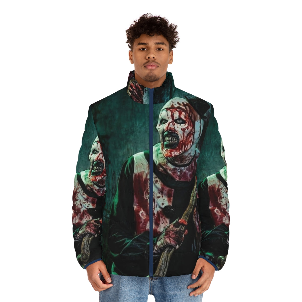 Terrifier 2 Art the Clown Puffer Jacket featuring the iconic horror movie villain - men front