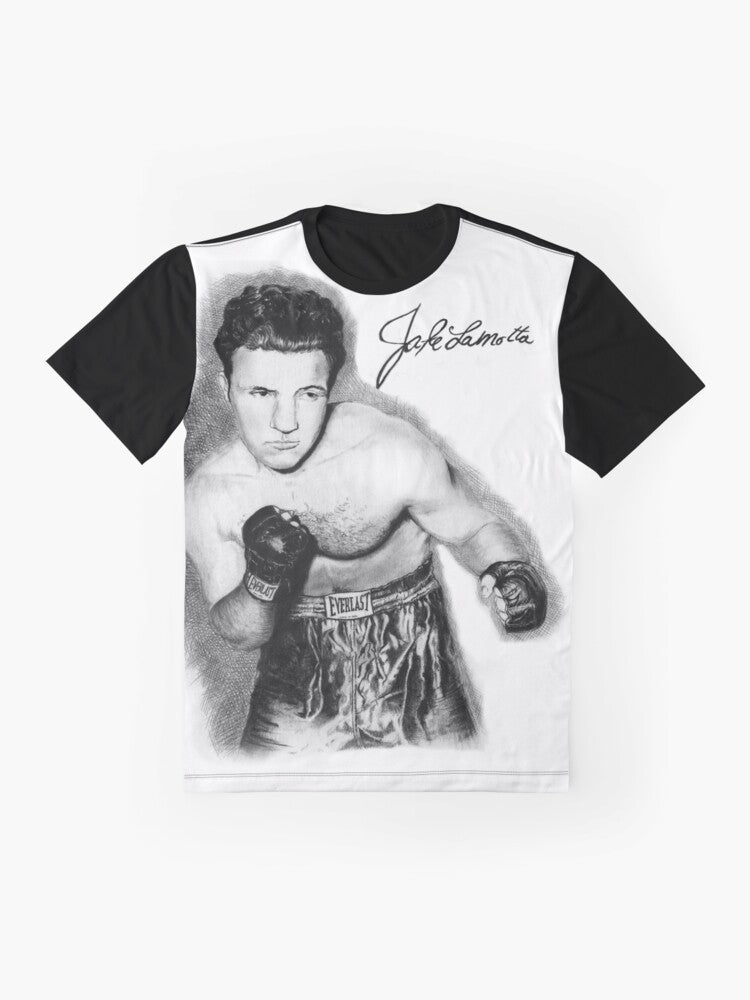 Raging Bull graphic t-shirt featuring a black and white sketch of boxer Jake LaMotta - Flat lay