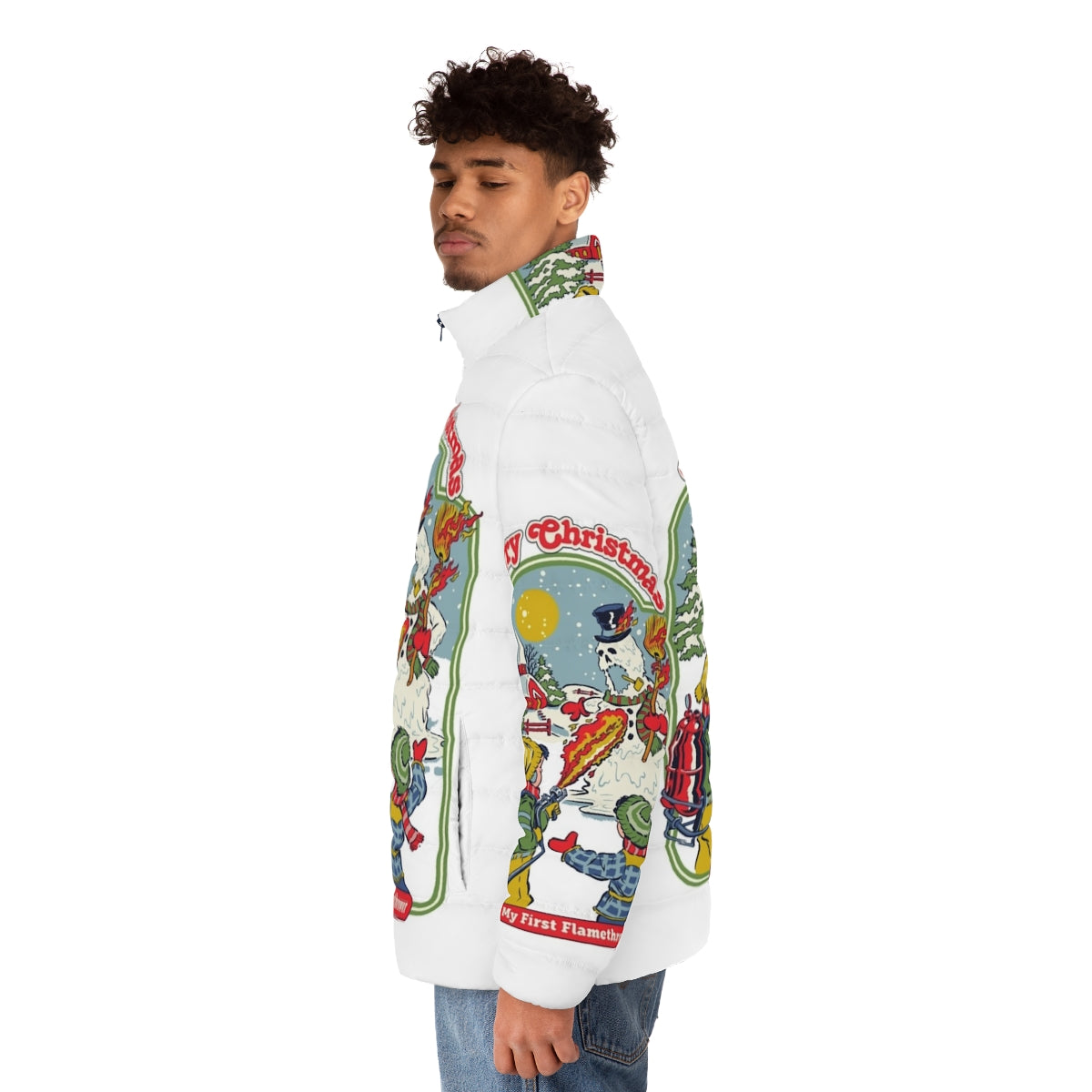 Retro funny flamethrower puffer jacket with winter, holiday, and nostalgic design - men side left