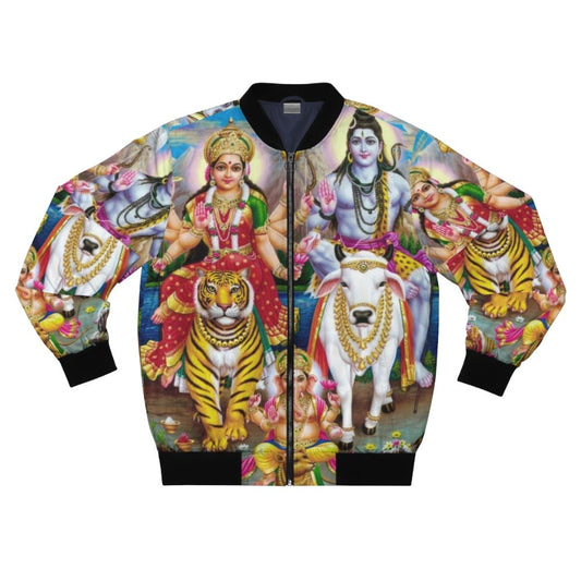 Hindu spiritual art featuring Shiva, Parvati, and Ganesha on a bomber jacket