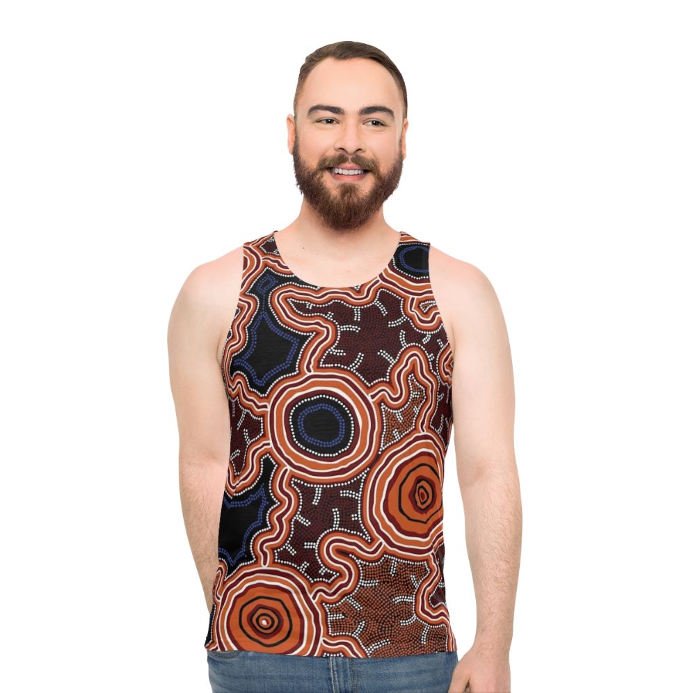 Authentic Aboriginal Art Unisex Tank Top with Pathway to Water Design - men