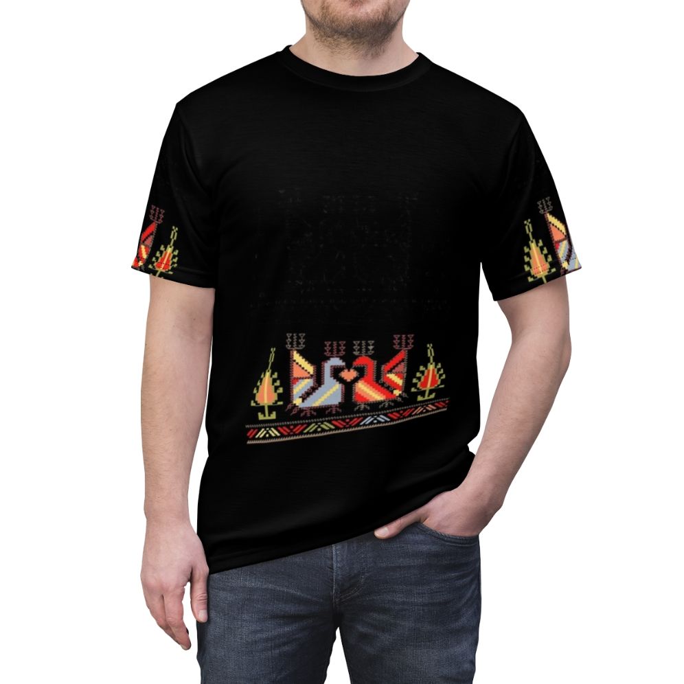 Model wearing a t-shirt with Bulgarian folk art floral design - men front