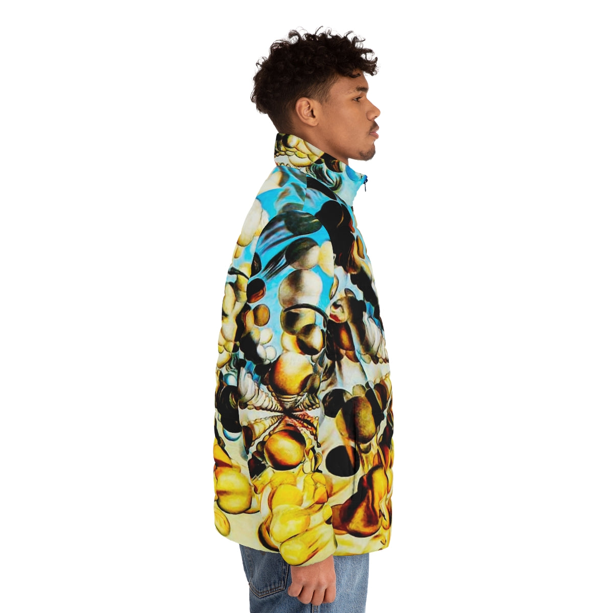 Salvador Dali-inspired puffer jacket featuring the Galatea of the Spheres artwork - men side right