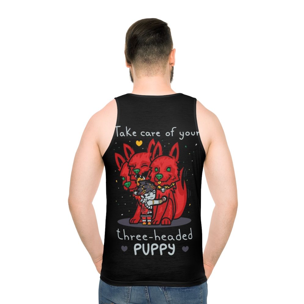 Three-headed puppy design on a white unisex tank top - men back