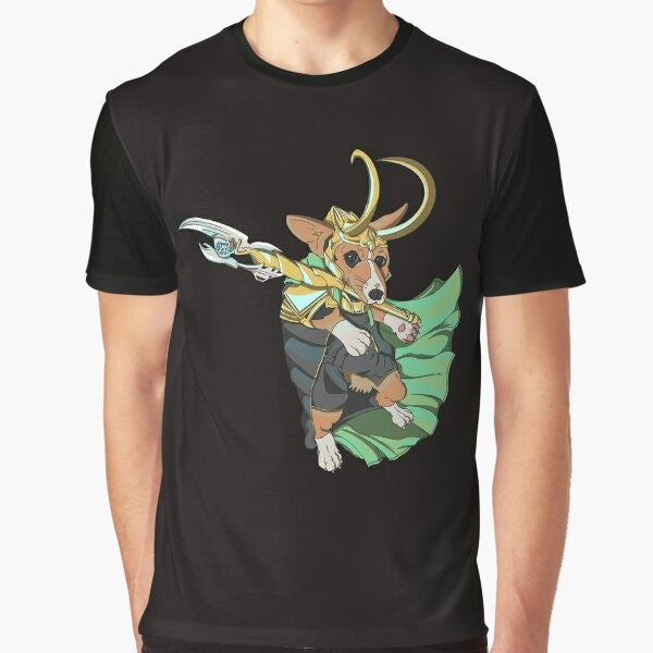 Adorable Loki Corgi of Asgard graphic illustration on a t-shirt