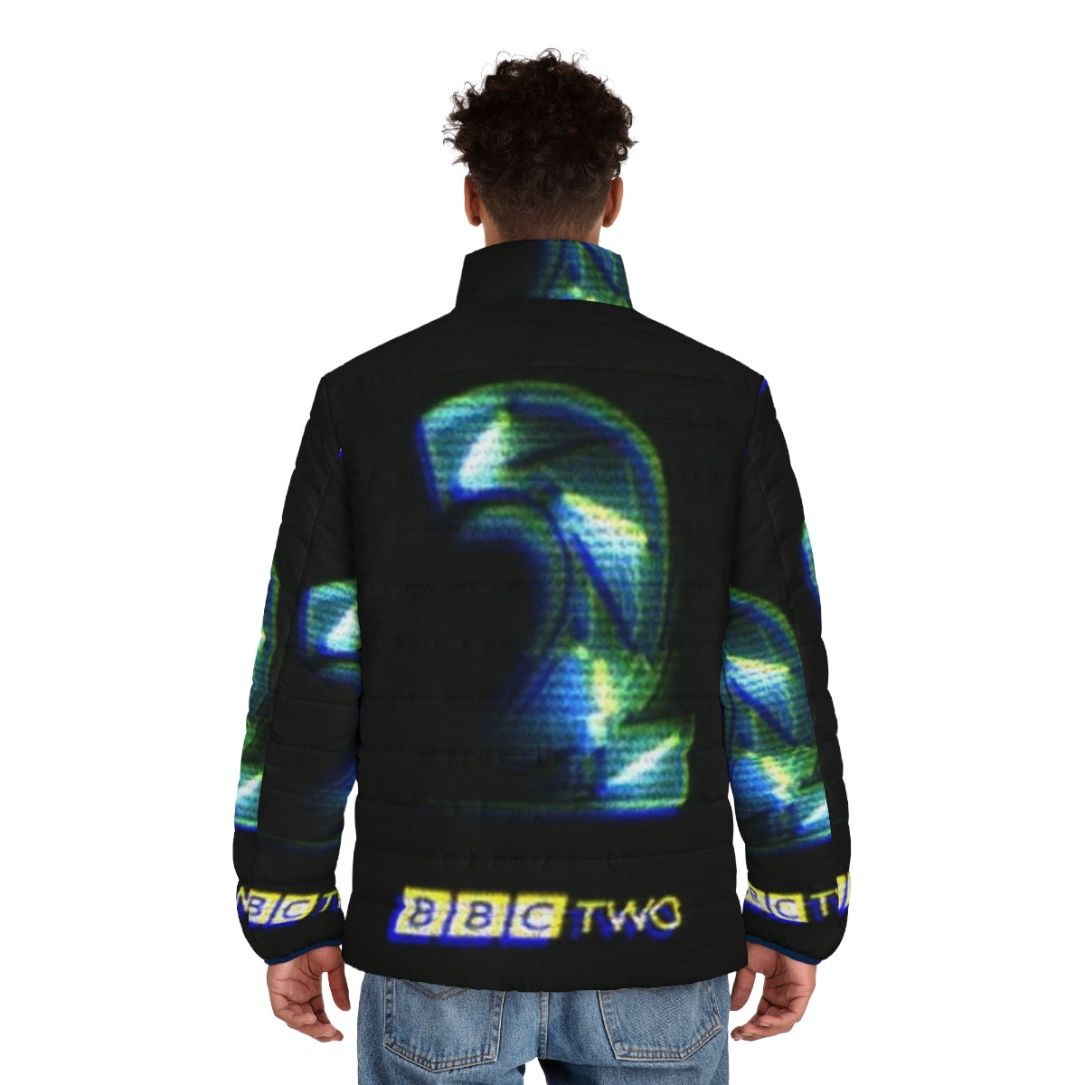 Retro 90s BBC 2 neon puffer jacket with iconic TV logo - men back