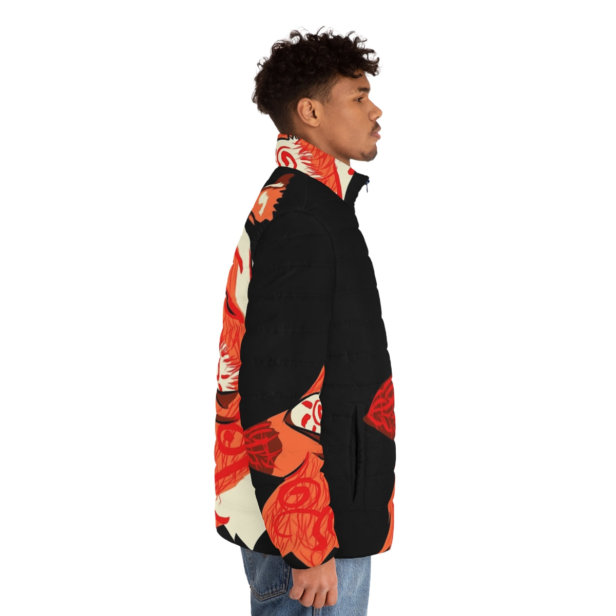 Kitsune spirit red fox puffer jacket with fall and autumn design - men side right