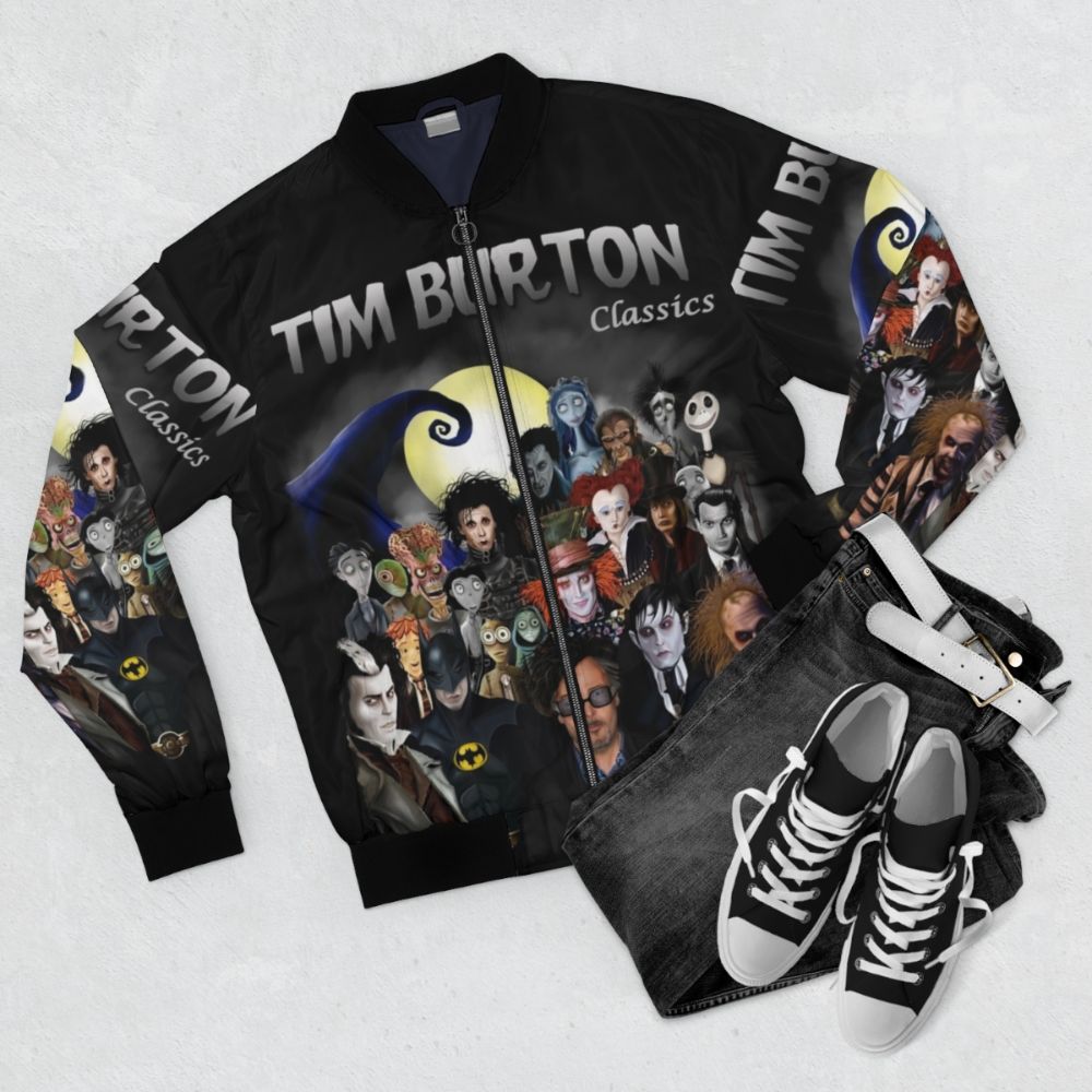 A bomber jacket featuring classic Tim Burton gothic and horror designs - Flat lay