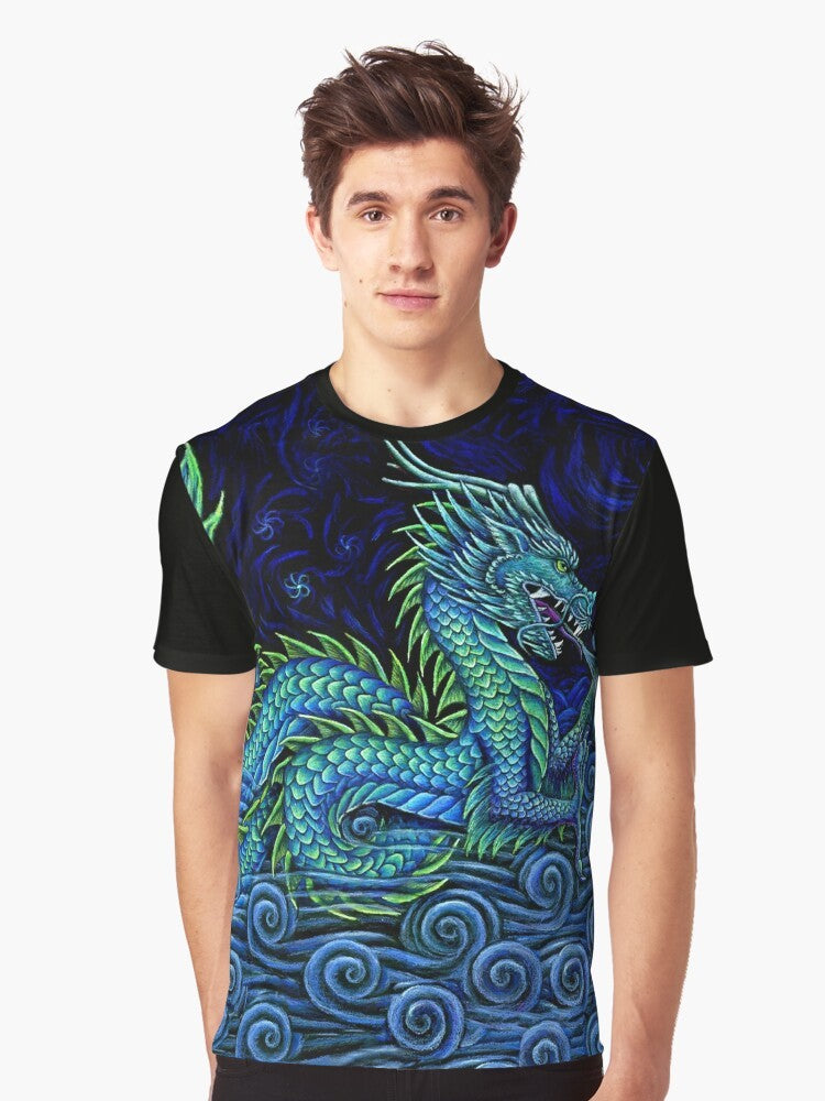 Vibrant graphic t-shirt featuring a majestic Chinese azure dragon against a backdrop of ocean, sky, and mist. - Men