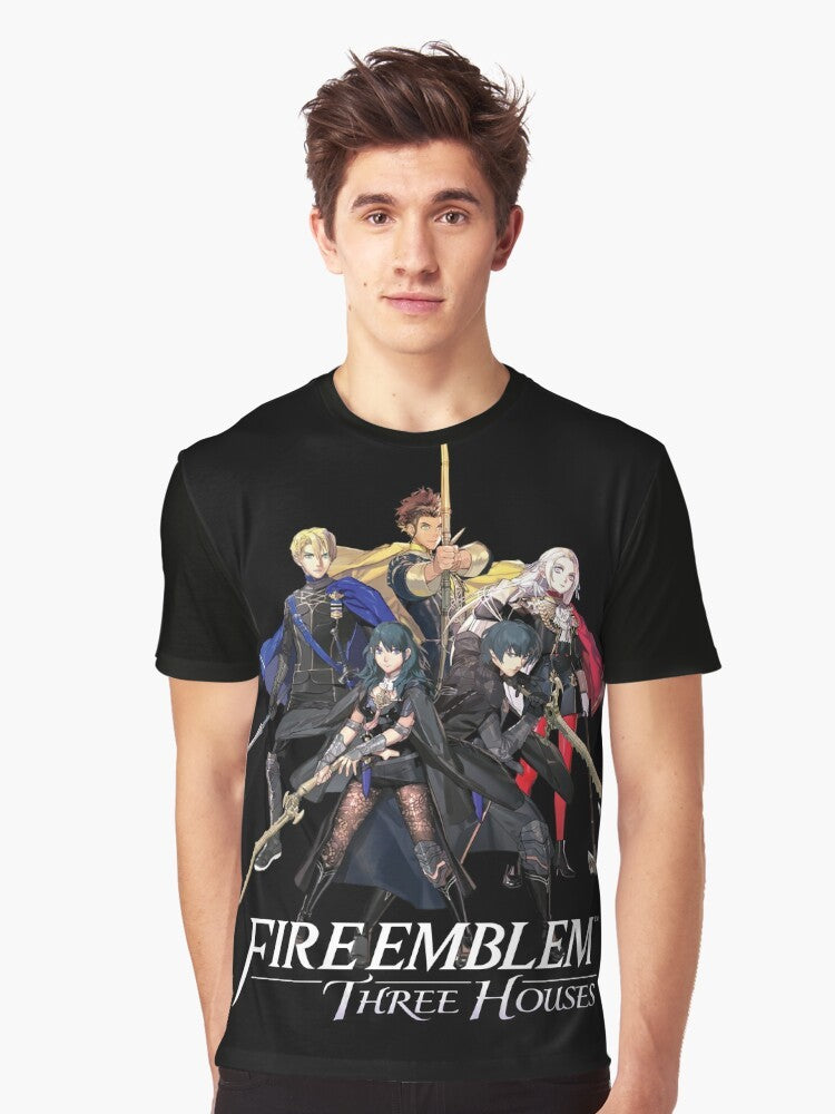 Graphic t-shirt featuring the House Leaders (Dimitri, Edelgard, Claude) and Byleth from the video game Fire Emblem: Three Houses - Men