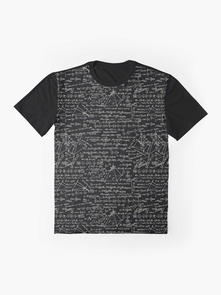 Graphic t-shirt featuring mathematical equations and symbols, ideal for math enthusiasts. - Flat lay