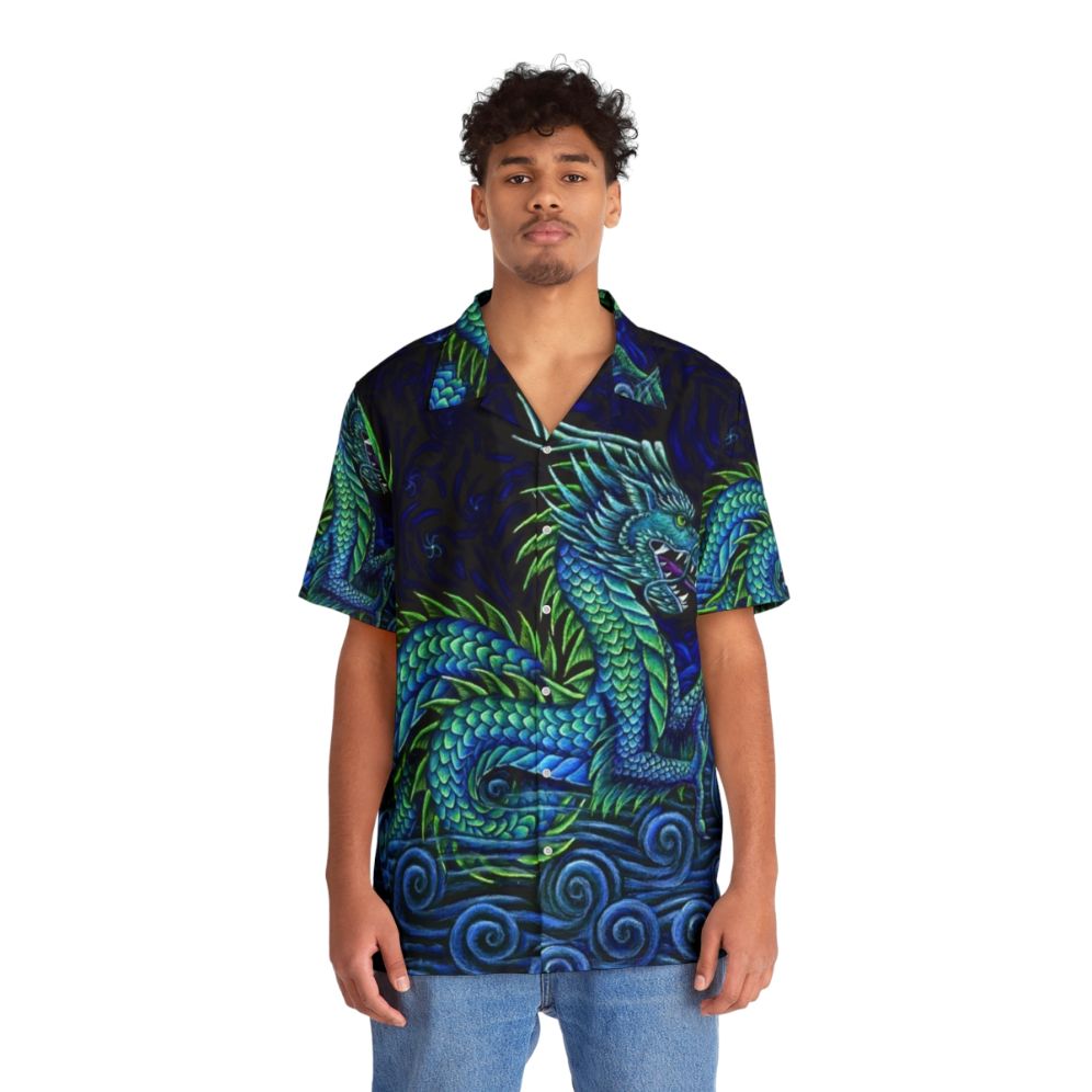 Colorful azure dragon printed on a Hawaiian shirt - People Front