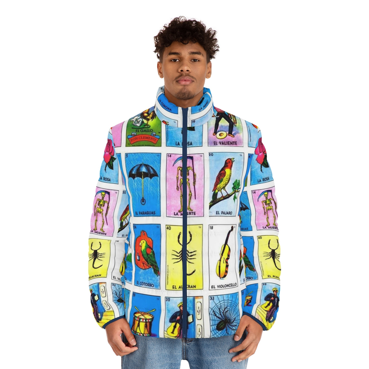 Colorful Mexican lottery bingo puffer jacket featuring various Mexican cultural symbols and animals - men front