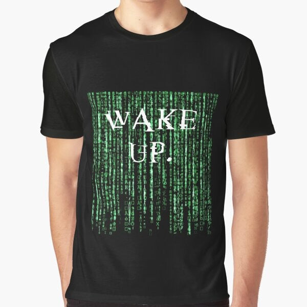 Matrix-inspired graphic t-shirt featuring the quote "Wake up, Neo" and iconic imagery from the sci-fi film.