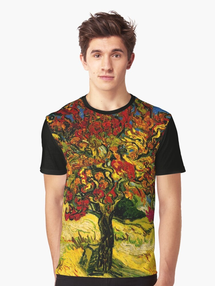 Vibrant t-shirt featuring Van Gogh's Mulberry Tree painting in a colorful, bohemian design - Men