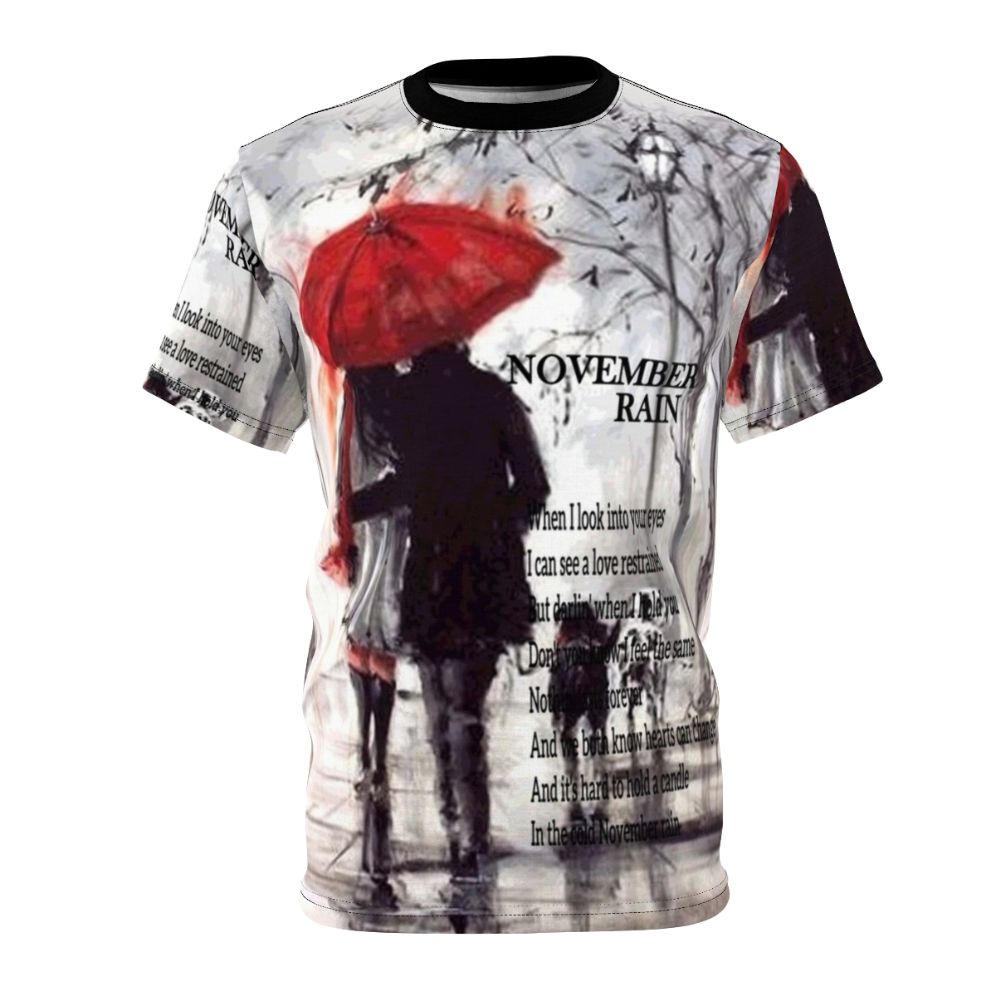 Autumn rain design t-shirt with city landscape and love umbrellas