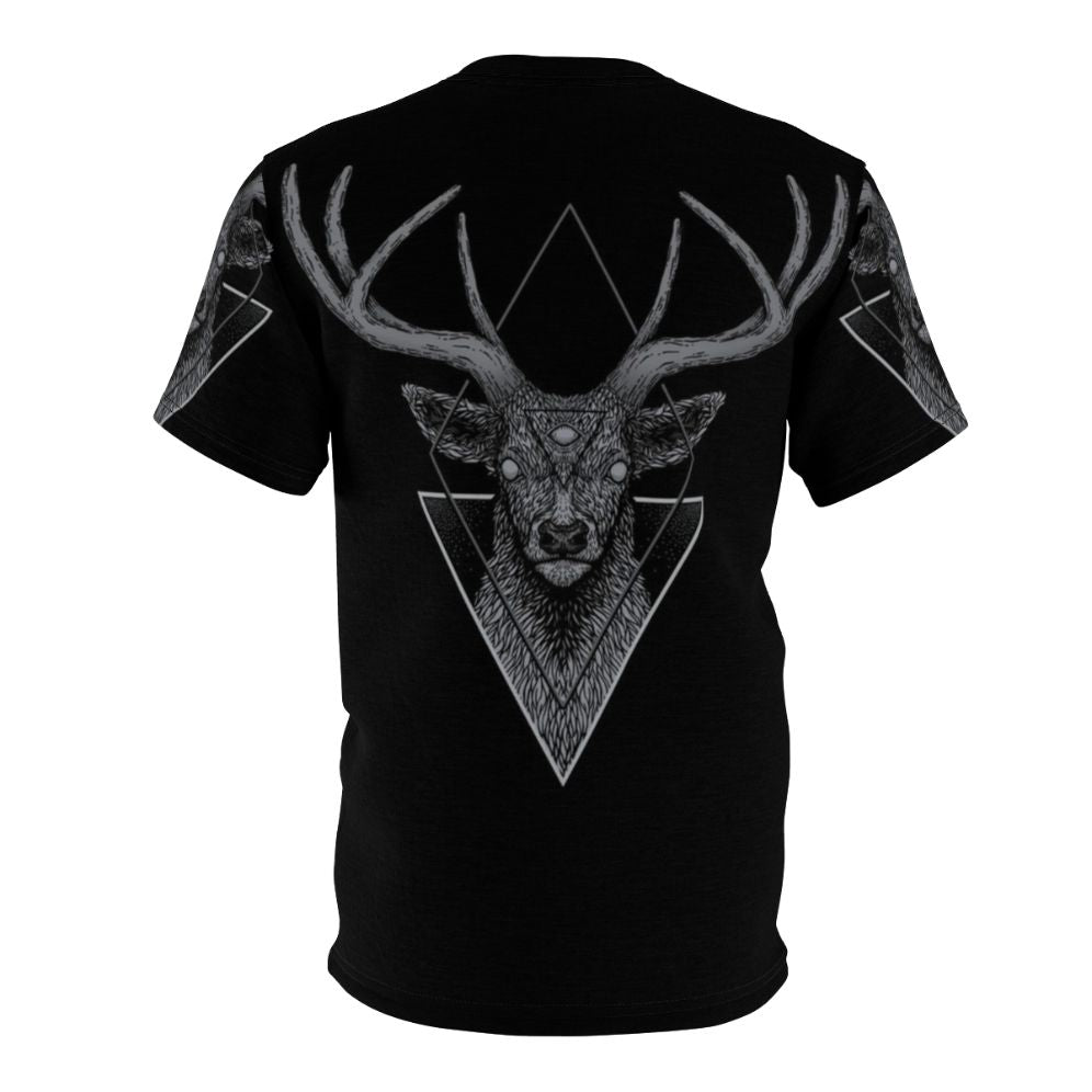 Stylized dark deer illustration on a graphic t-shirt design - Back