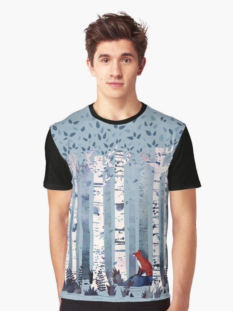 Watercolor illustration of birch trees in a serene forest on a blue t-shirt - Men