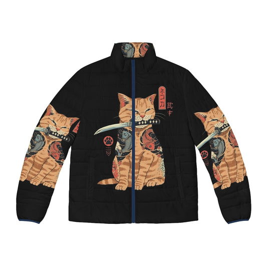 Catana puffer jacket with cat, samurai, and Japanese art design