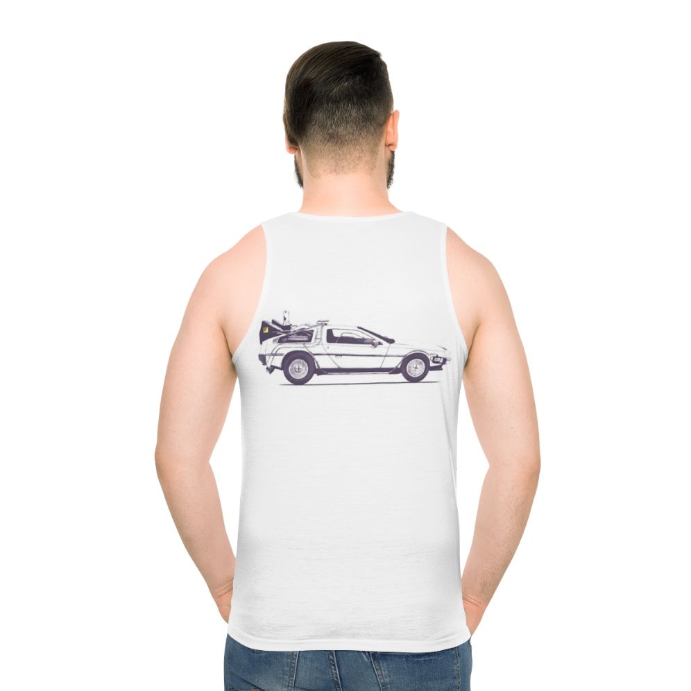 Delorean unisex tank top with retro movie design - men back