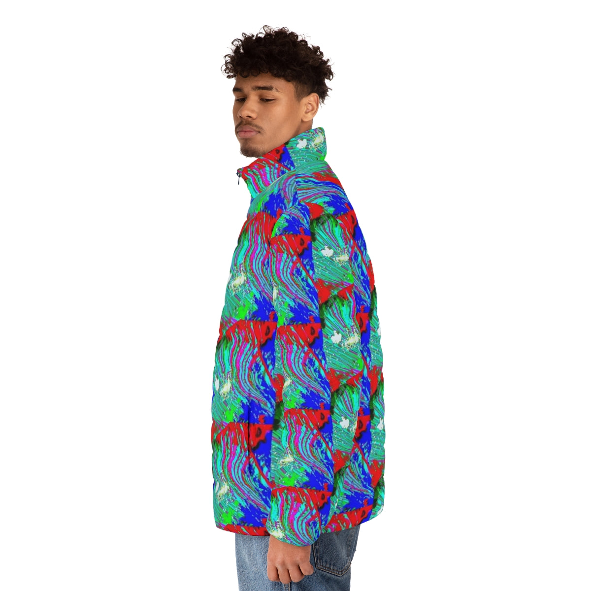 Colorful and iridescent puffer jacket with a glitch-inspired Everglades design - men side left