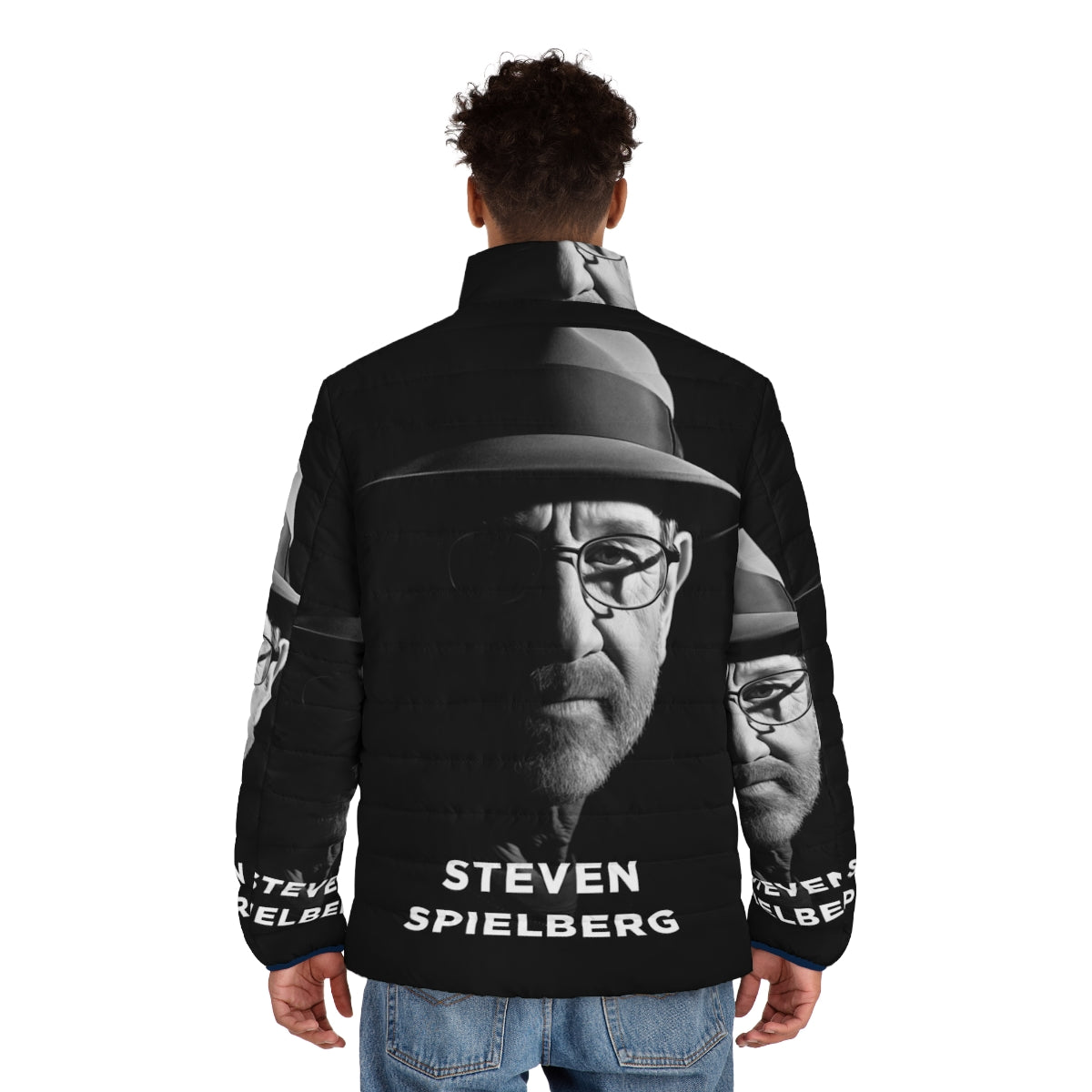 Steven Spielberg Director's Puffer Jacket featuring iconic movie logos and designs - men back