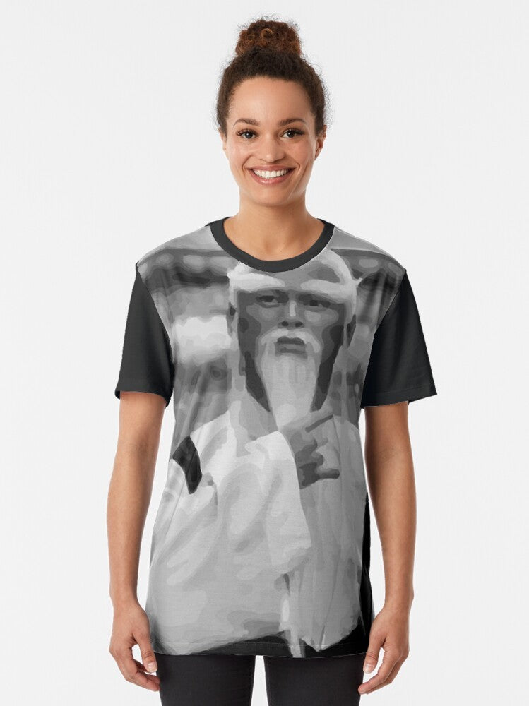 Vintage-style graphic t-shirt featuring the iconic character "Master Pai Mei" from the cult classic TV show. - Women