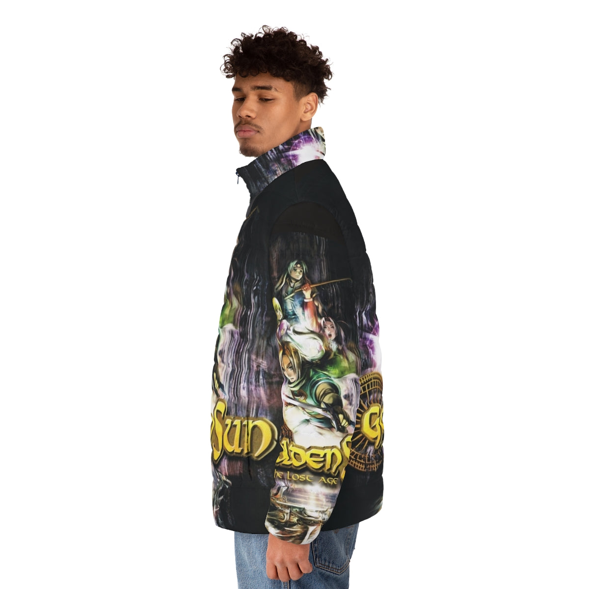 Golden Sun: The Lost Age inspired puffer jacket featuring the iconic imagery from the classic Nintendo RPG - men side left