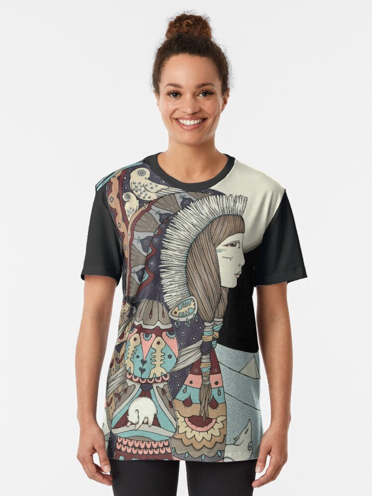 A graphic t-shirt featuring the Inuit goddess Sedna, the mother of the sea and the Arctic animals. - Women