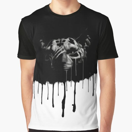 Inigo graphic t-shirt with a messy, splatter design in black and white