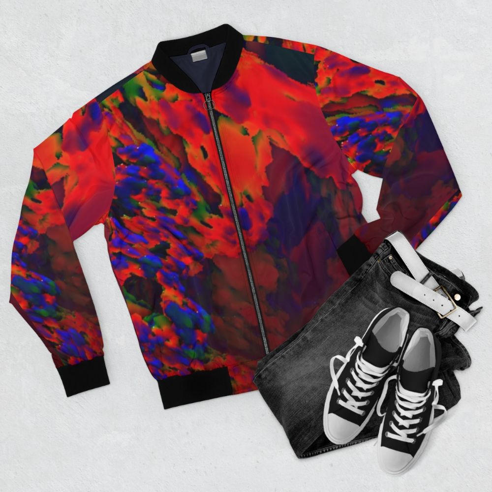 A bold and striking red bomber jacket with an abstract, fractal-inspired geometric design. - Flat lay