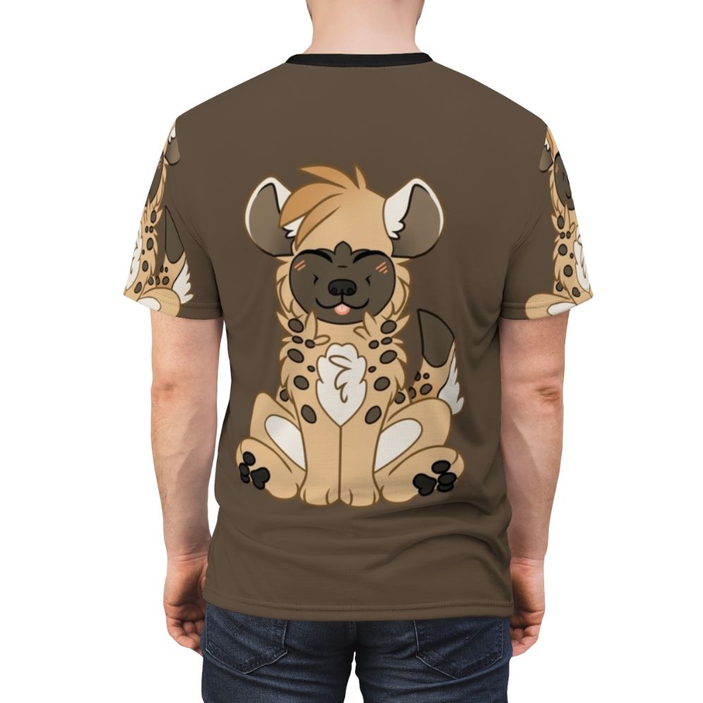 Illustration of a cute, smiling chibi hyena with orange fur and spotted markings, wearing a t-shirt. - men back