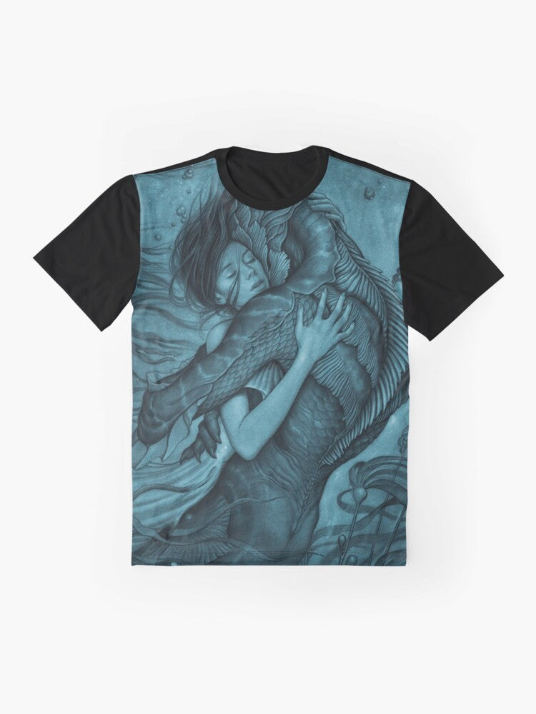 The Shape of Water movie-inspired graphic t-shirt featuring a fantasy fish-man and a woman in a laboratory setting. - Flat lay