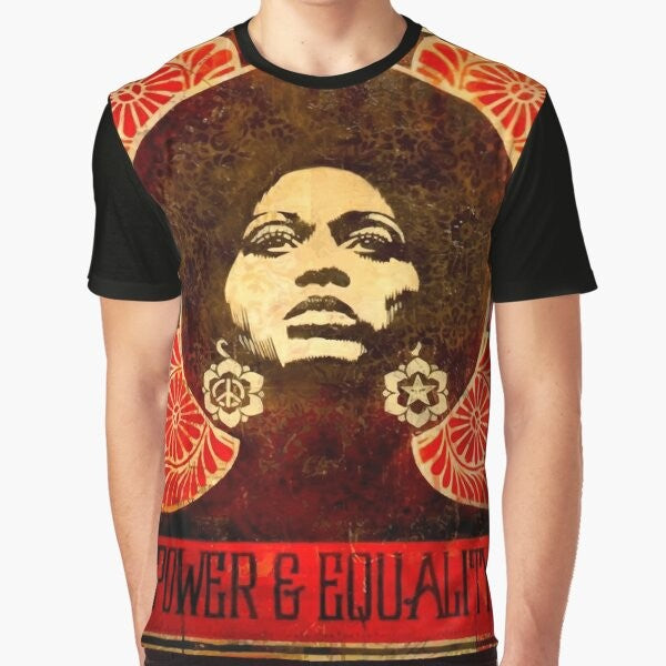 Vintage-style graphic t-shirt featuring Angela Davis, a prominent leader of the Black Panther Party in 1971, and the powerful "Black Power" fist symbol.