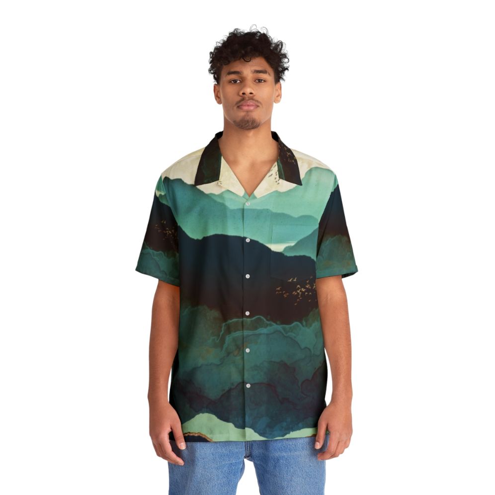 Indigo Mountains Hawaiian Shirt featuring a serene nature landscape design - People Front