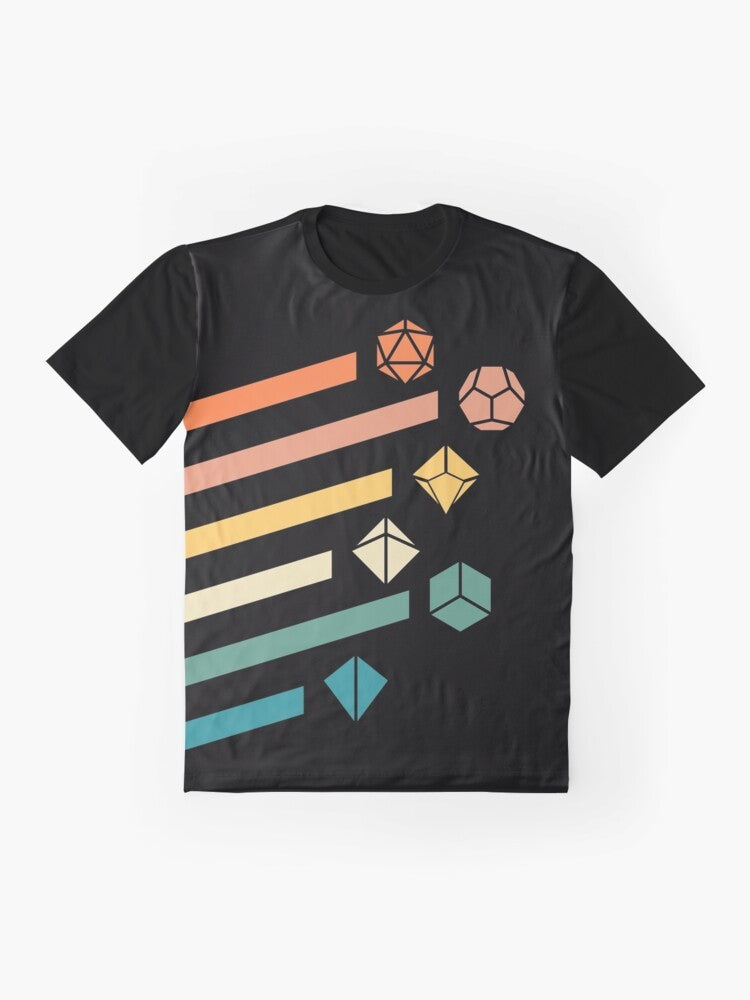 Retro polyhedral dice set in rainbow colors on a minimalist graphic t-shirt for dungeons and dragons fans. - Flat lay