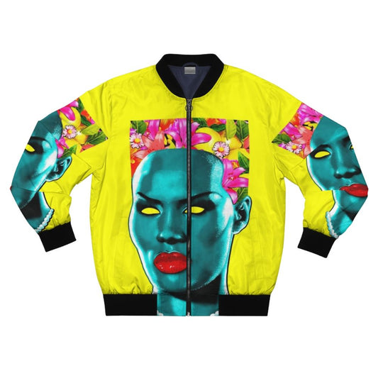 Colorful Grace Jones-inspired bomber jacket with pop art flowers and pride design