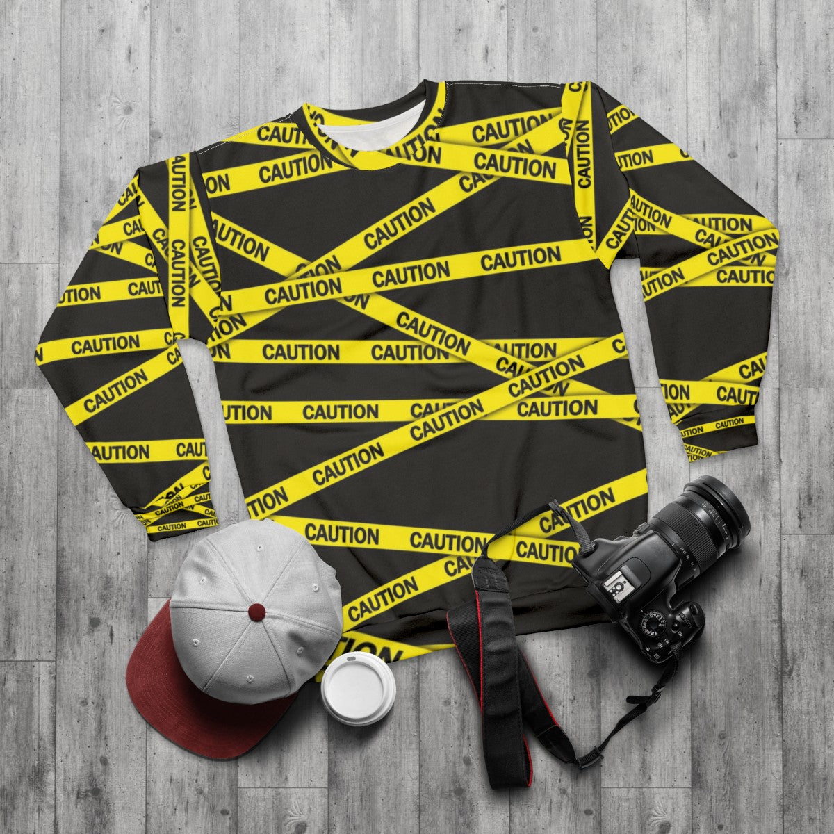 Caution tape sweatshirt for street fashion - flat lay