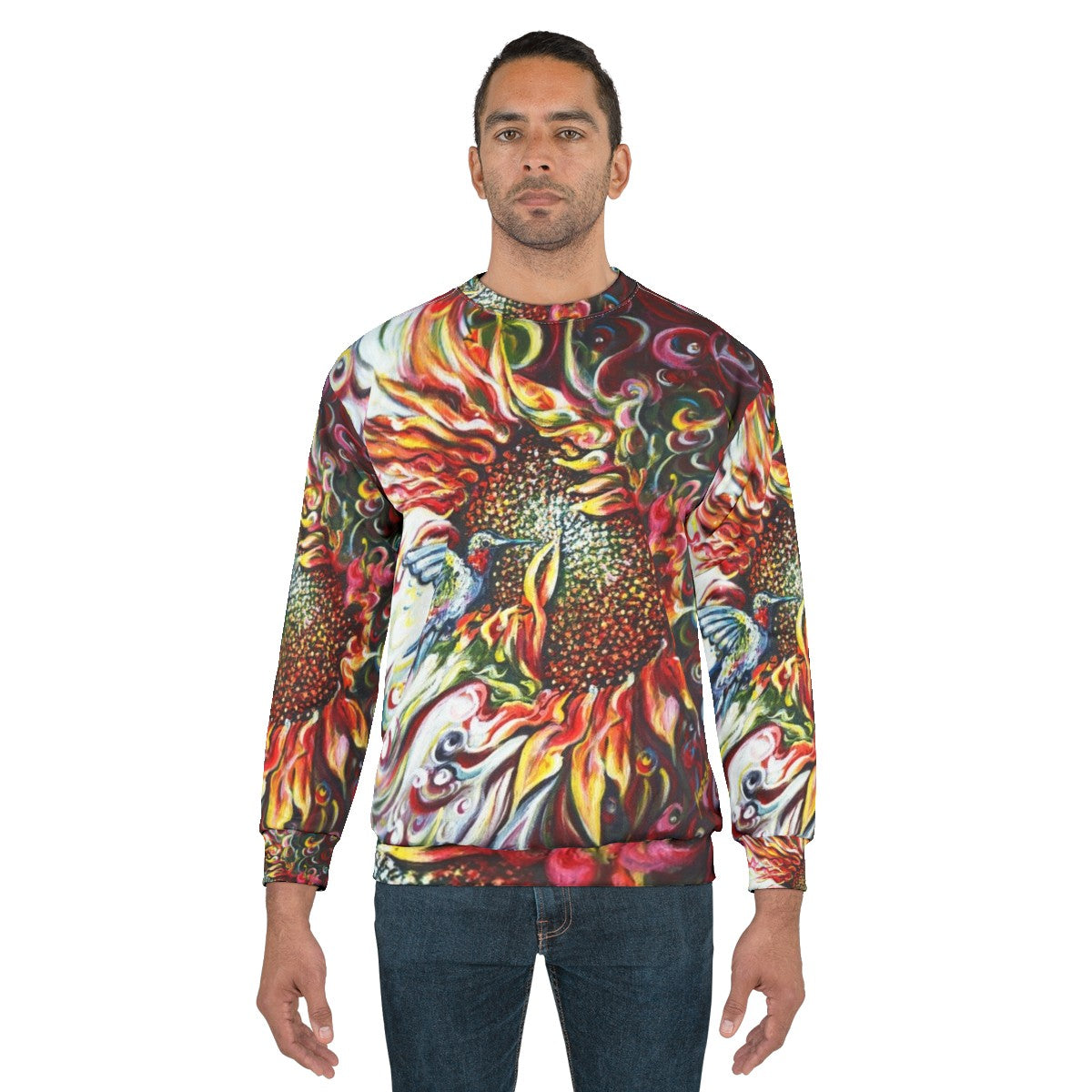 Colorful sunflowers and hummingbird nature sweatshirt - men